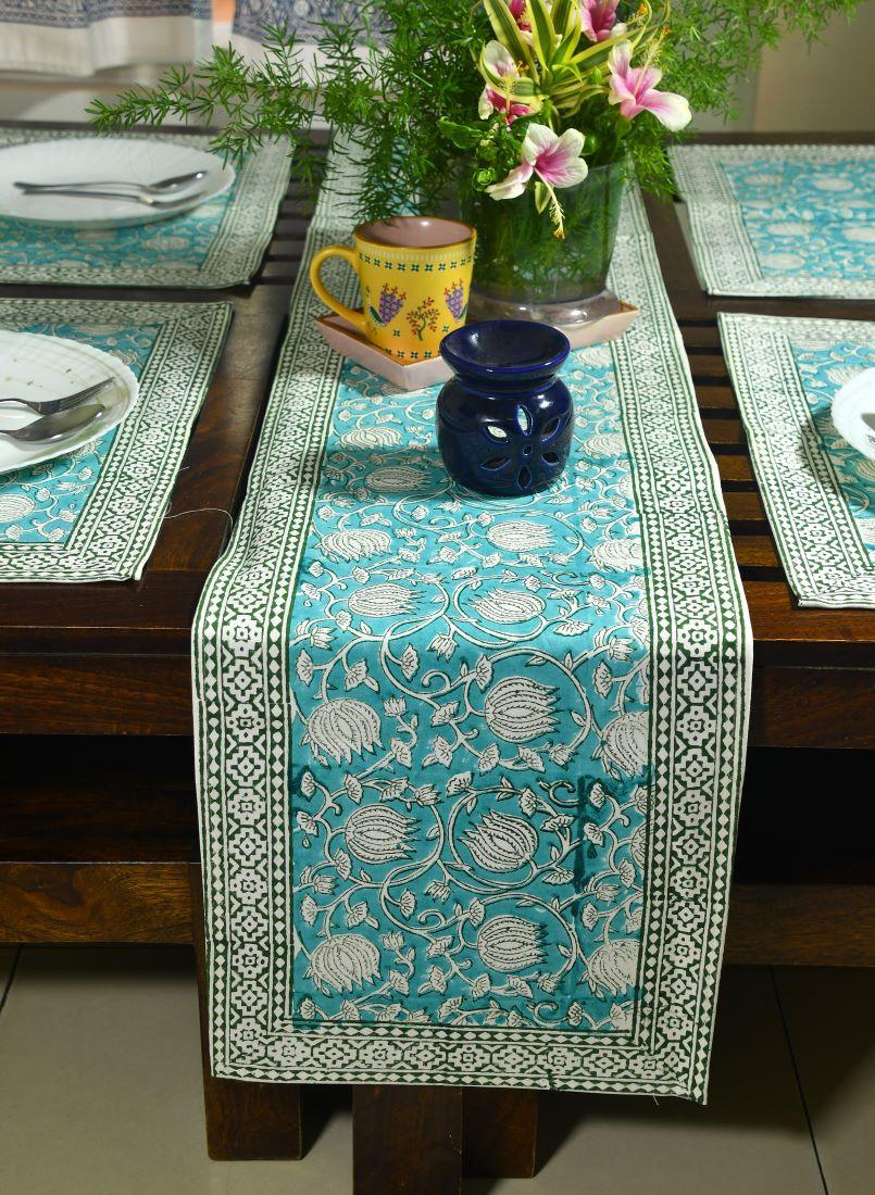 Gaandhar Ke Hare Kamal Hand Block Cotton Canvas Table  Runner & Mat Set