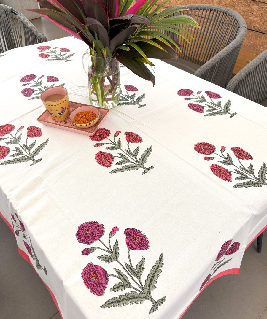 Pink & Magenta Marigold  Hand Block Rectangle Table Cover / Cloth