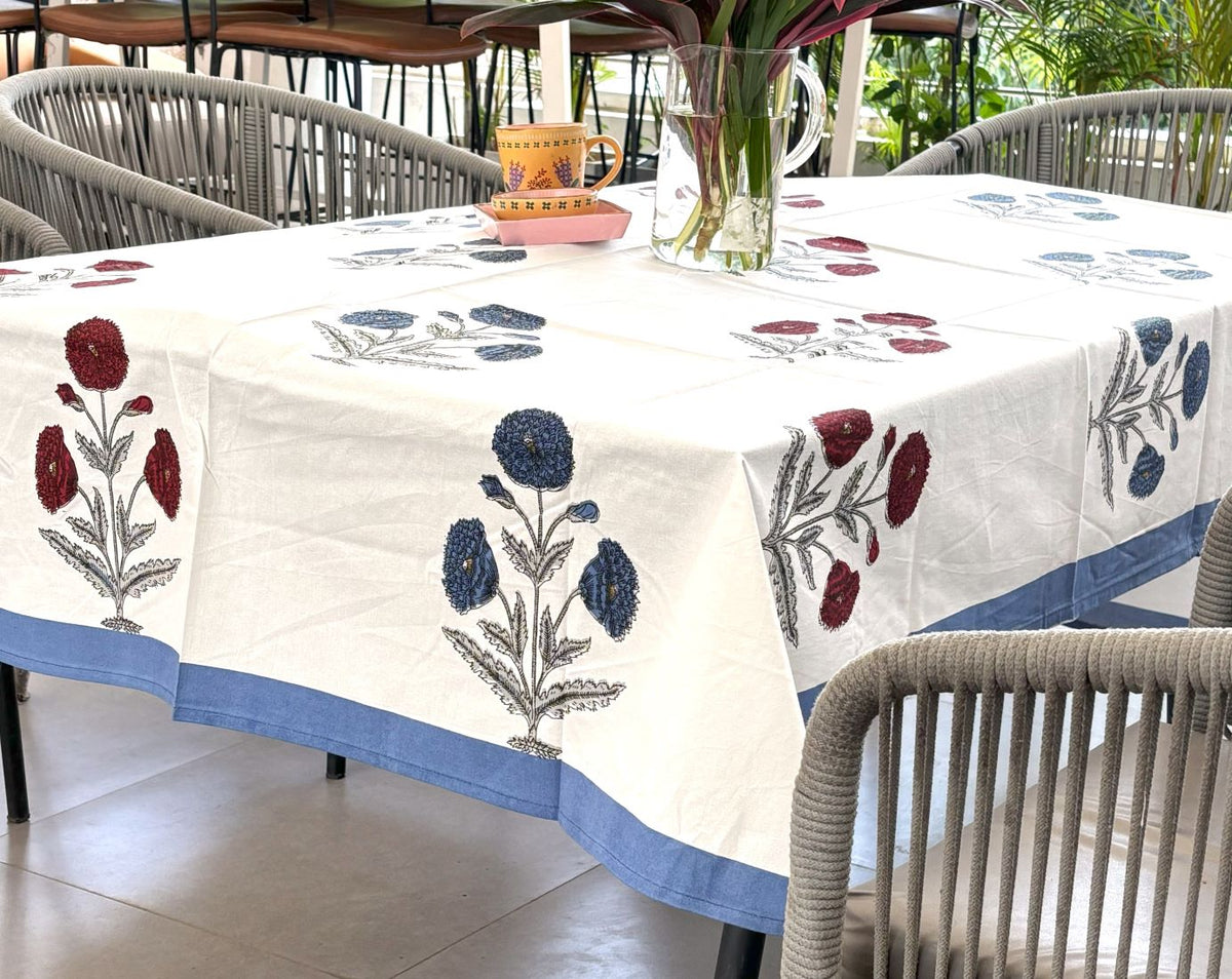 Violet & Red Marigold  Hand Block Rectangle Table Cover / Cloth