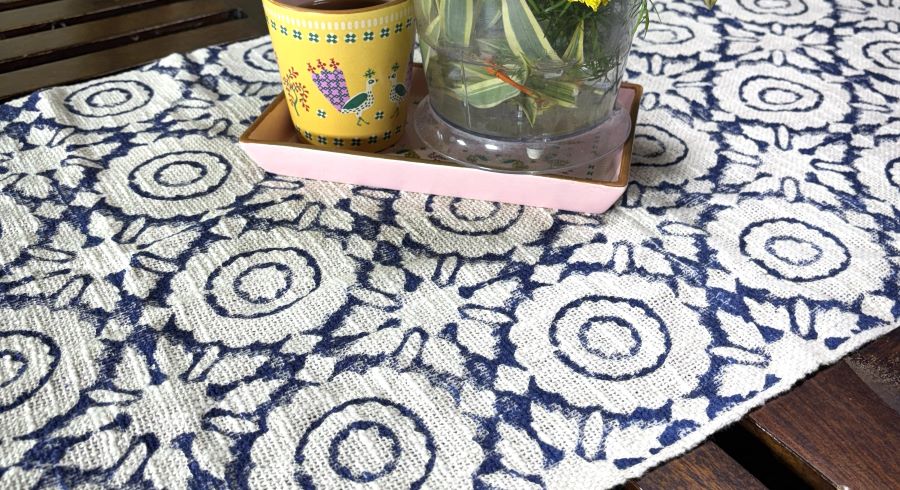 Blue Circular Motif Hand Block Printed Jute Table Runner