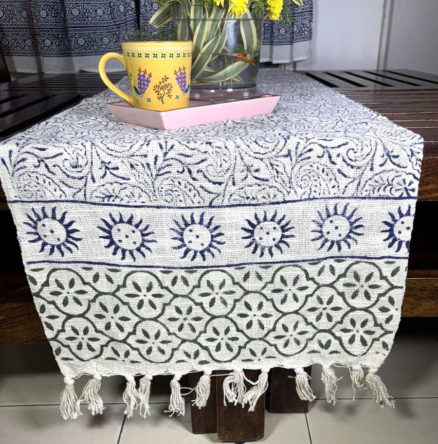 Blue Paisley Floral Hand Block Printed Jute Table Runner
