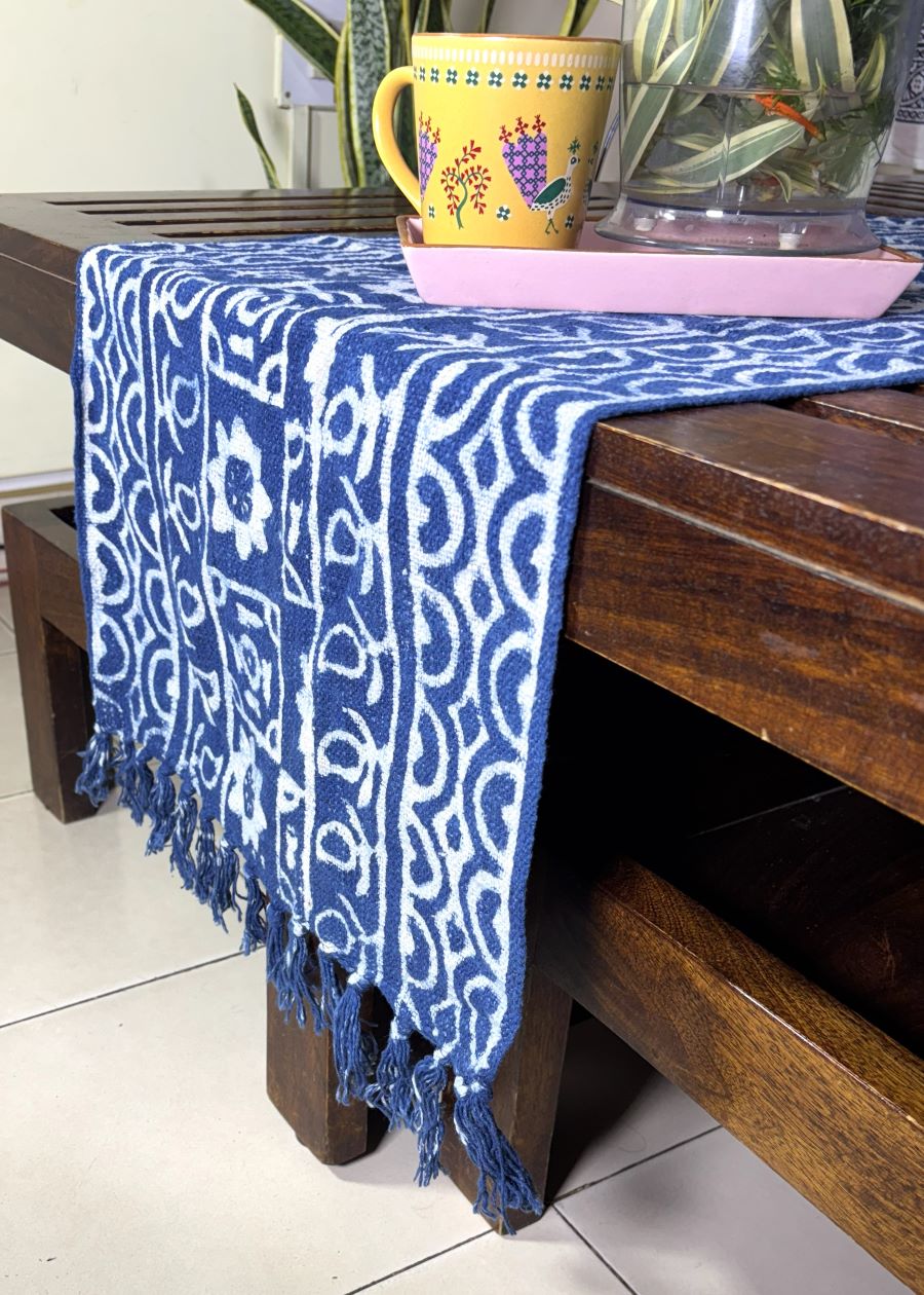 Traditional Indigo Hand Block Printed Jute Table Runner
