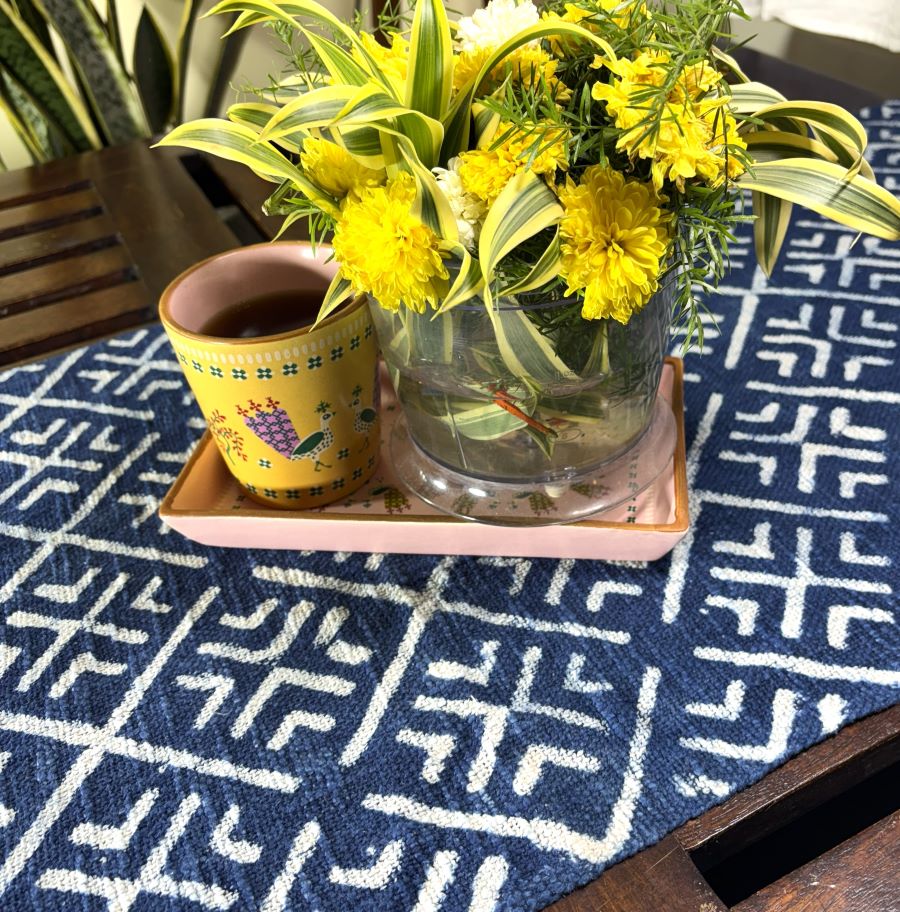Indigo Ikat Hand Block Printed Jute Table Runner