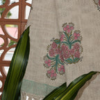 Pink Flower Jute Fabric Hand Block Sofa Throw