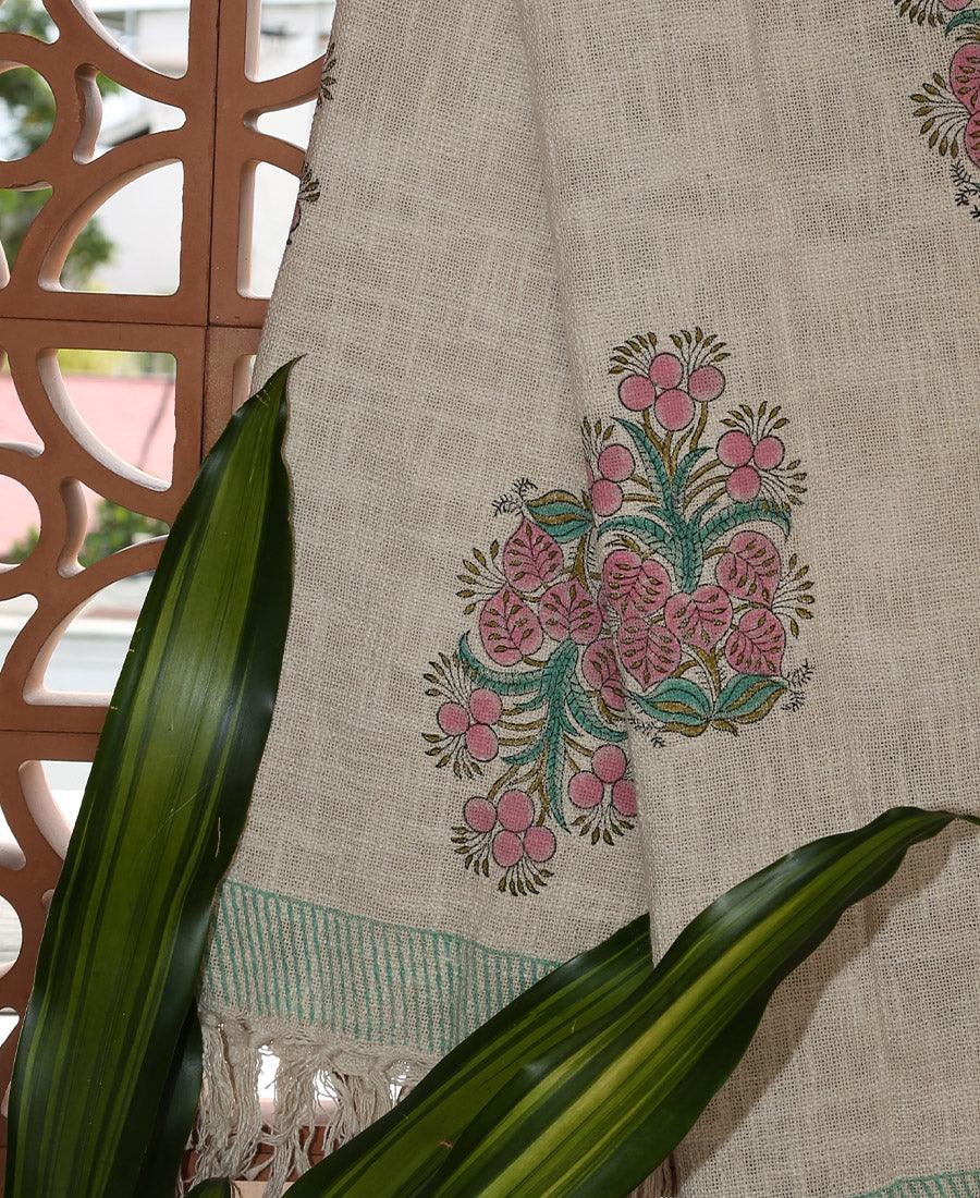 Pink Flower Jute Fabric Hand Block Sofa Throw