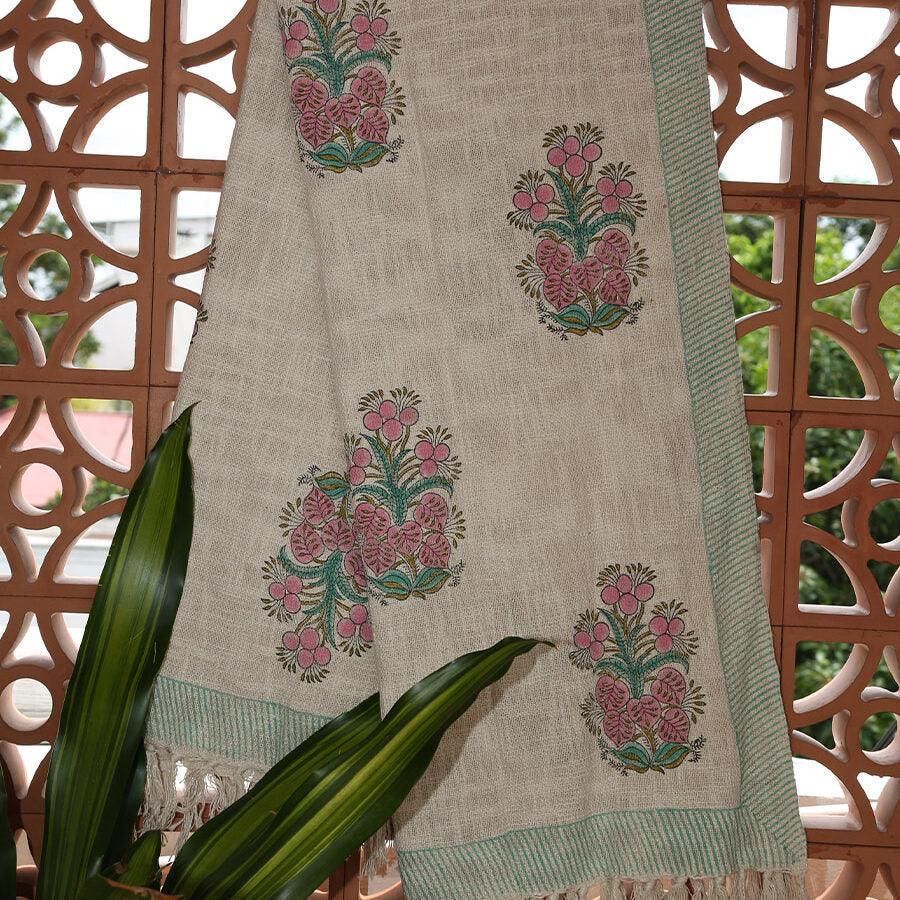 Pink Flower Jute Fabric Hand Block Sofa Throw