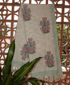 Pink Flower Jute Fabric Hand Block Sofa Throw