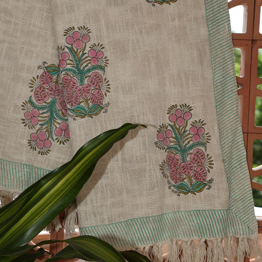 Pink Flower Jute Fabric Hand Block Sofa Throw