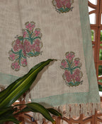 Pink Flower Jute Fabric Hand Block Sofa Throw