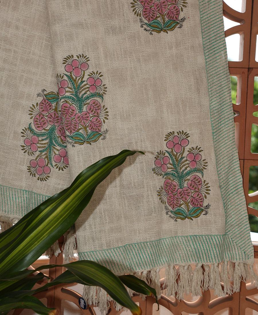 Pink Flower Jute Fabric Hand Block Sofa Throw