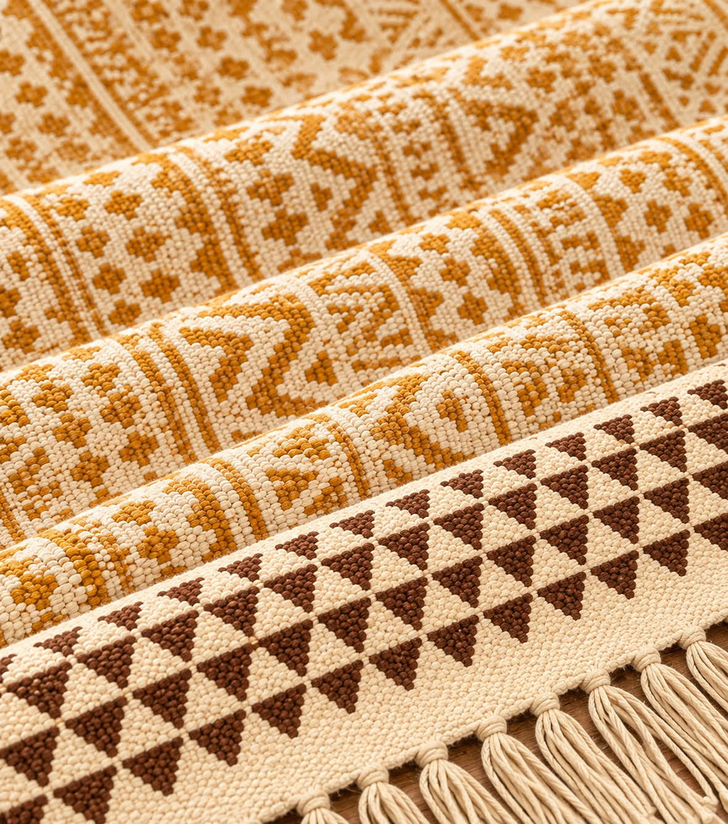 Mustard Yellow Tribal Geometric Pattern Hand Block Printed Jute Rug