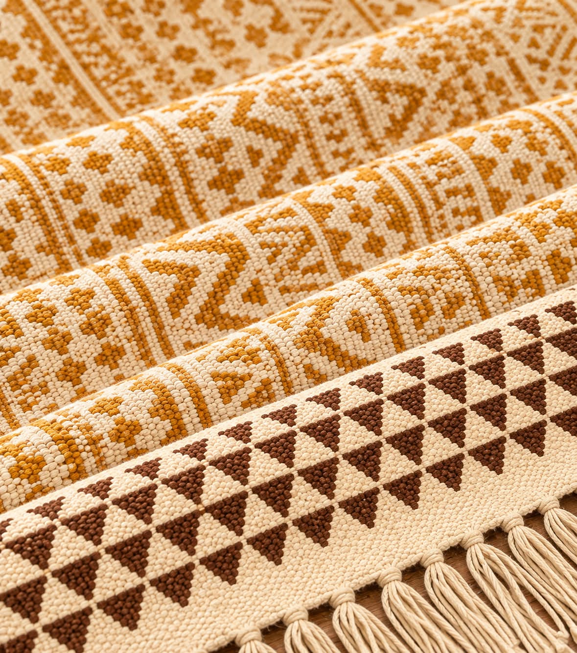 Mustard Yellow Tribal Geometric Pattern Hand Block Printed Jute Rug