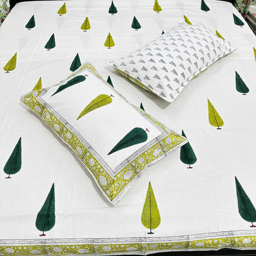 Gree Tree Motif  Hand Block Bedsheet with 2 Pillow Cover Set - 400TC