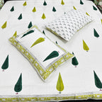 Gree Tree Motif  Hand Block Bedsheet with 2 Pillow Cover Set - 400TC