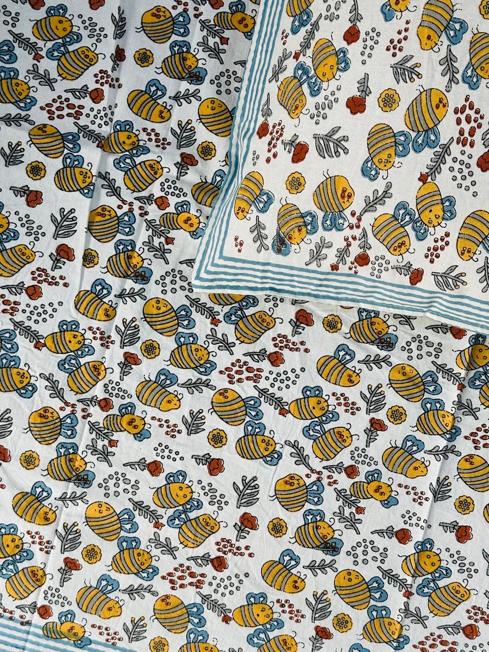 Yellow Bee Hand Block Bedsheet with 1 Pillow Cover- 220TC