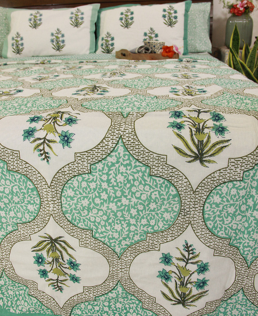 Green Orchid Bedsheet & Dohar Set – Hand Block Printed