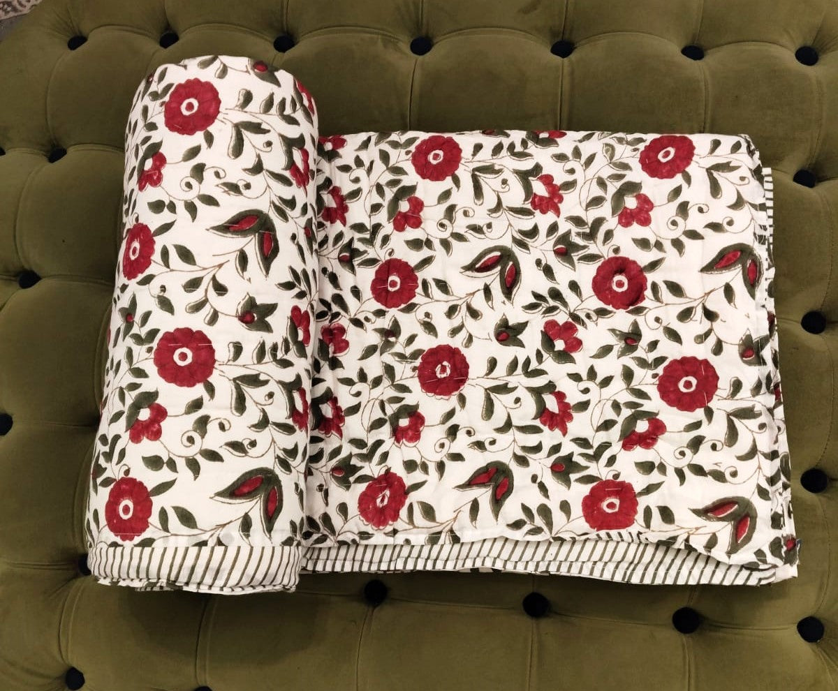 Green & Maroon Tree of Life Patterns Hand Block Quilt/ Razai
