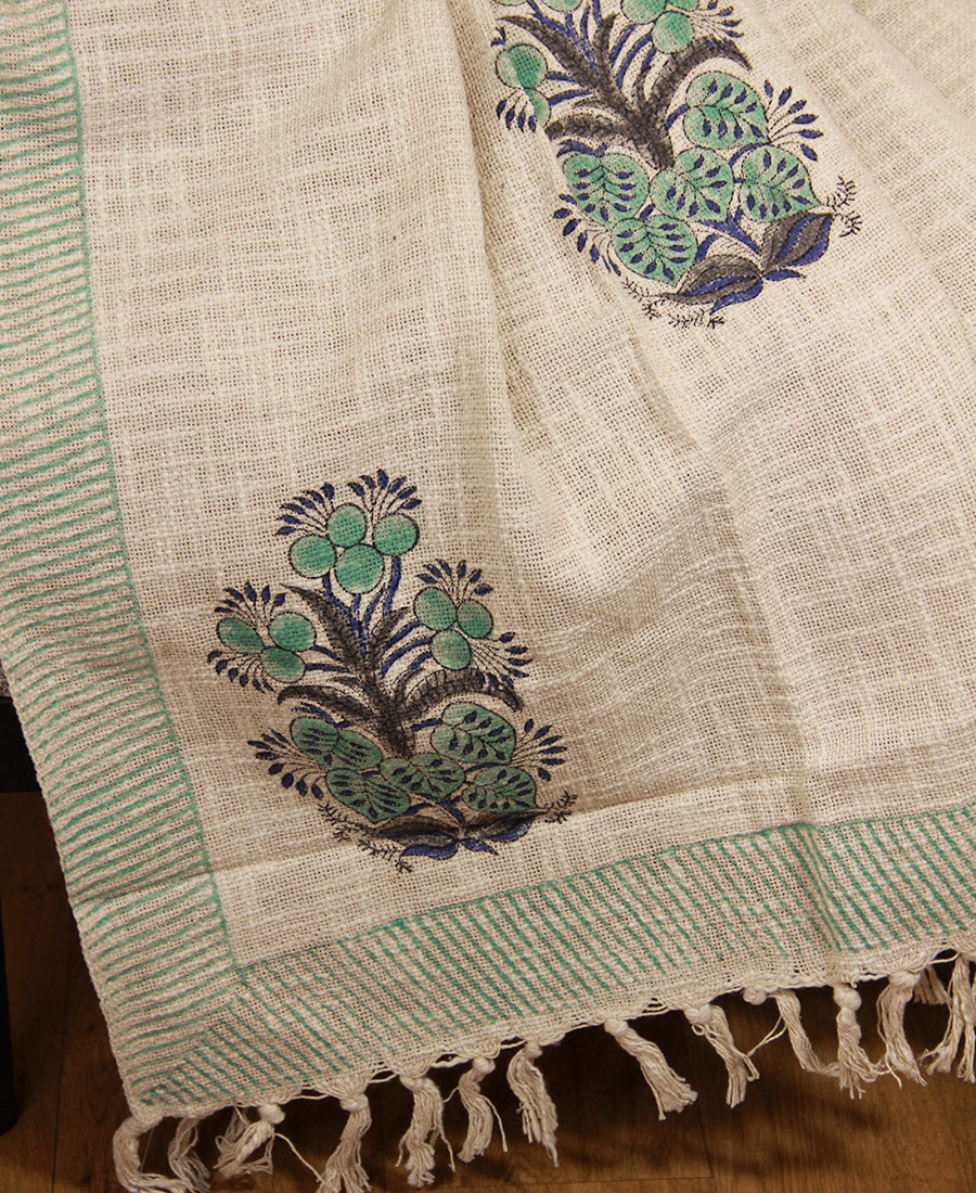 Green Flower Jute Fabric Hand Block Sofa Throw