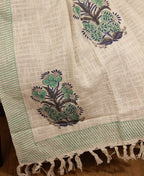 Green Flower Jute Fabric Hand Block Sofa Throw