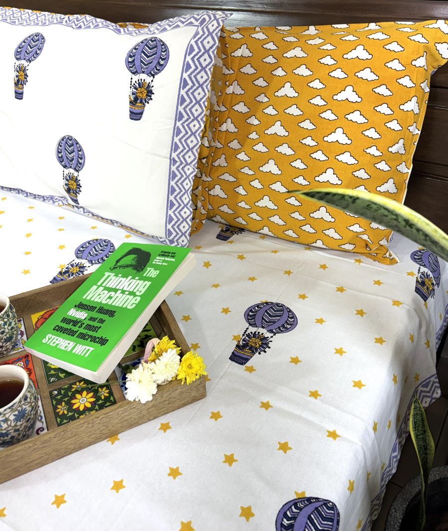 Blue Air Balloon Hand Block Bedsheet with 1 Pillow Cover- 220TC