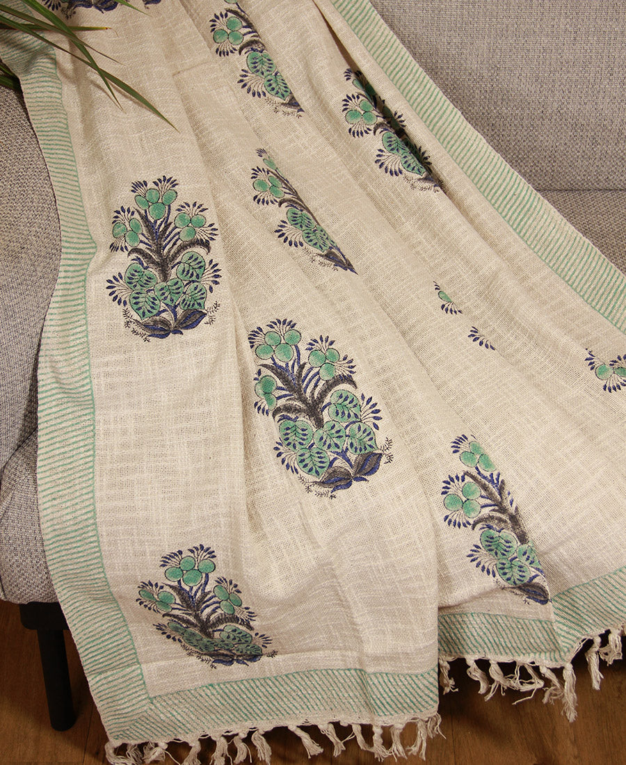 Green Flower Jute Fabric Hand Block Sofa Throw