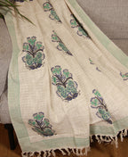 Green Flower Jute Fabric Hand Block Sofa Throw