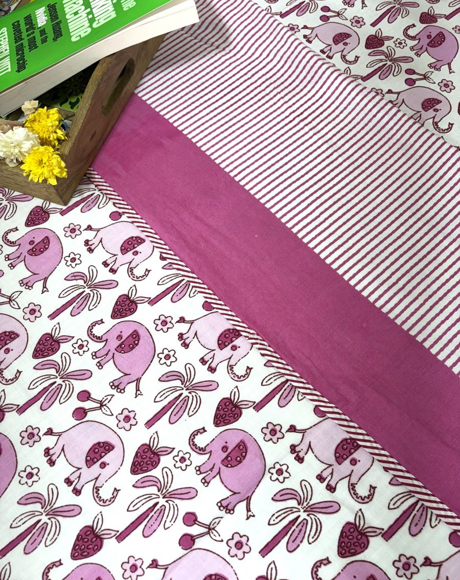 Pink Baby Elephant Design Hand Block Dohar
