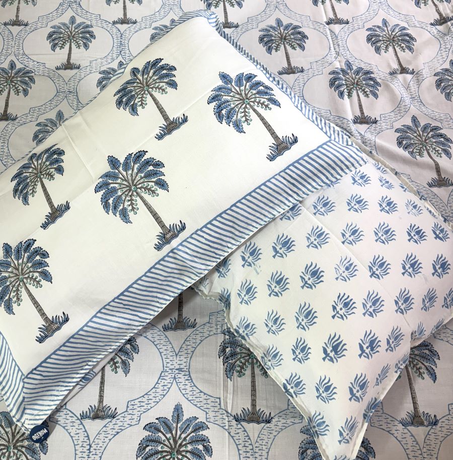 Light Blue Palm Tree Patterns Hand Block Bedsheet with 2 Pillow Cover Set - 400TC