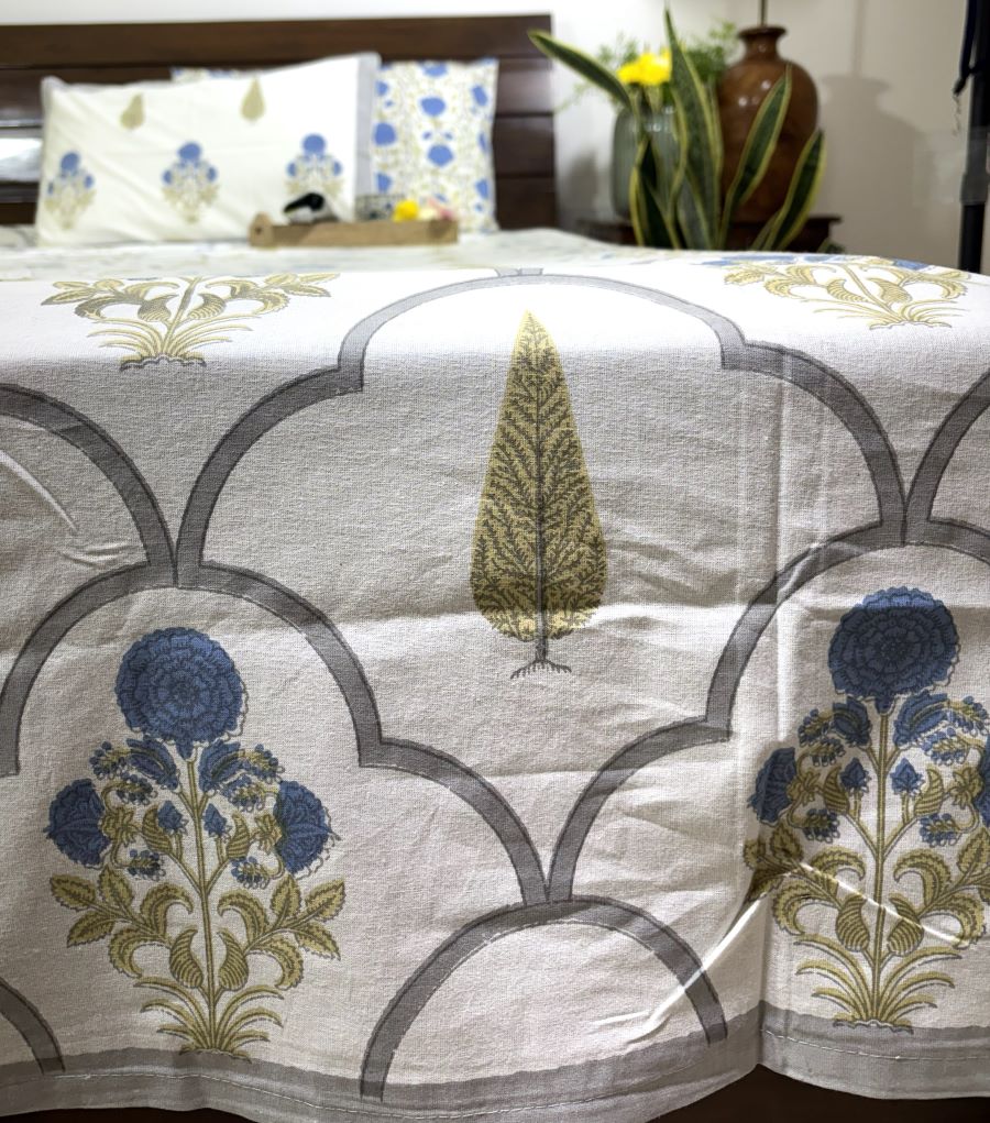 Blue Gulbahar Sunflower Hand Block Bedsheet with 2 Pillow Cover Set - 220TC