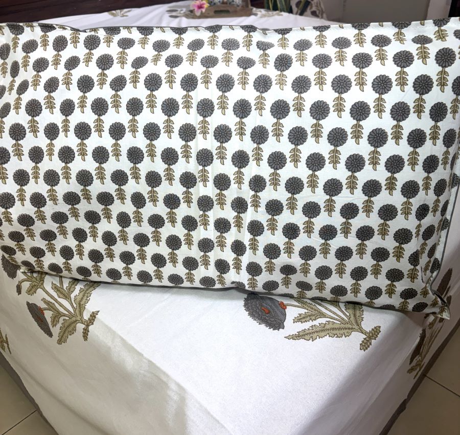 Grey Marigold Hand Block Bedsheet with 2 Pillow Cover Set - 220TC
