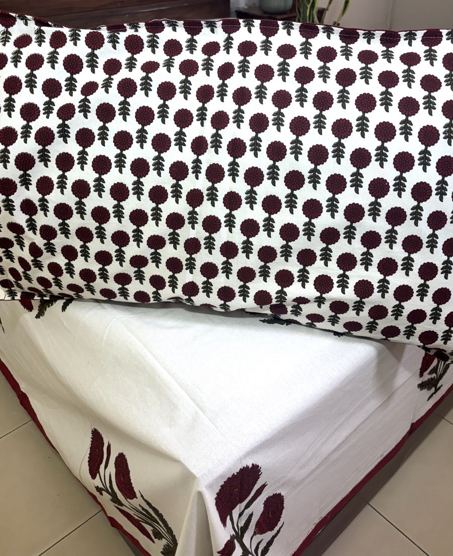 Maroon Marigold Hand Block Bedsheet with 2 Pillow Cover Set - 220TC