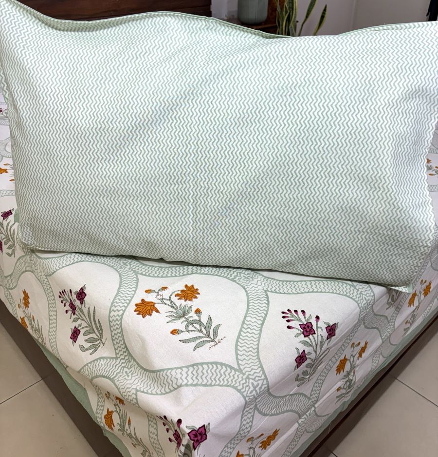 Floral Jaal Pink & Yellow Lilly Hand Block Bedsheet with 2 Pillow Cover Set - 220TC