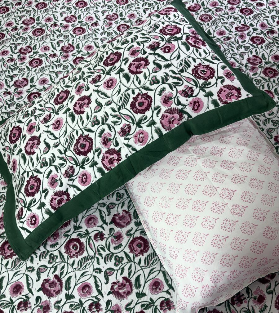 Maroon, Pink & Green Floral Patterns Hand Block Bedsheet with 2 Pillow Cover Set - 400TC