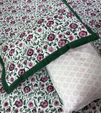 Maroon, Pink & Green Floral Patterns Hand Block Bedsheet with 2 Pillow Cover Set - 400TC