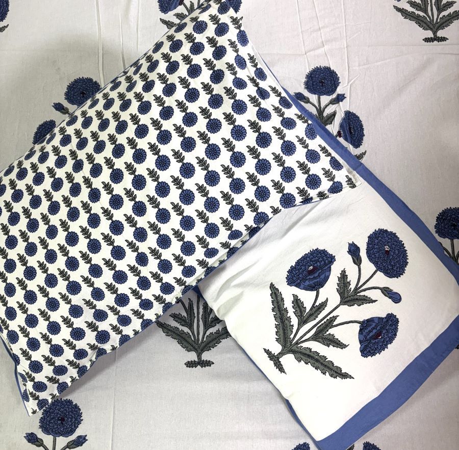 Blue Marigold Hand Block Bedsheet with 2 Pillow Cover Set - 220TC
