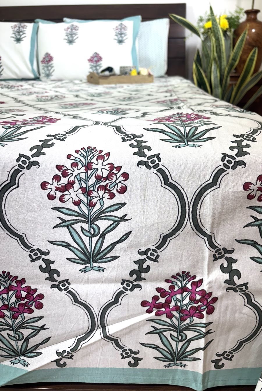 Pink Lilly Motif Jaal  Hand Block Bedsheet with 2 Pillow Cover Set - 220TC