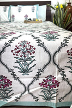 Pink Lilly Motif Jaal  Hand Block Bedsheet with 2 Pillow Cover Set - 220TC