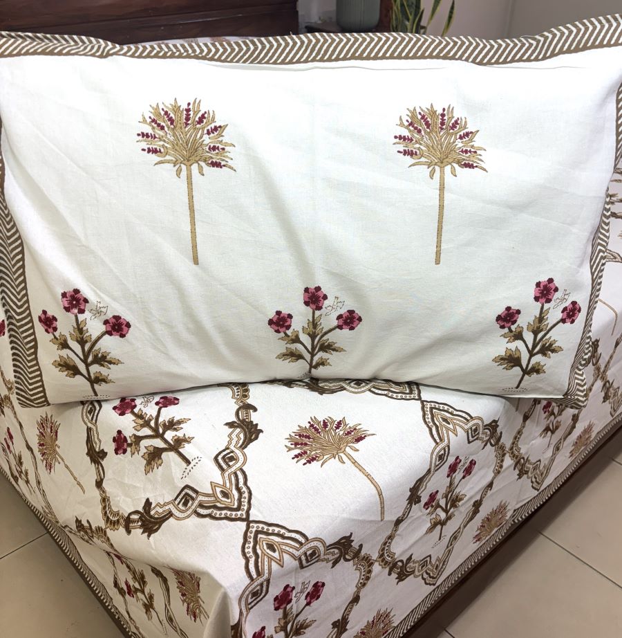 Brown Lilly Flower Jaal  Hand Block Bedsheet with 2 Pillow Cover Set - 220TC