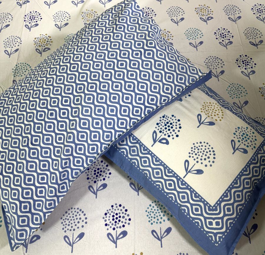 Soft Blue Guldaudi Hand Block Bedsheet with 2 Pillow Covers Set - 220TC