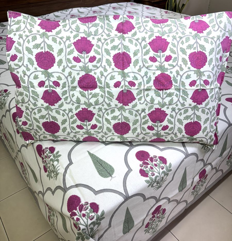 Pink Gulbahar Sunflower Hand Block Bedsheet with 2 Pillow Cover Set - 220TC