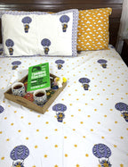 Blue Air Balloon Hand Block Bedsheet with 1 Pillow Cover- 220TC