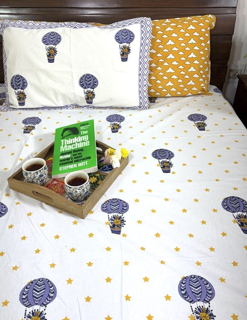 Blue Air Balloon Hand Block Bedsheet with 1 Pillow Cover- 220TC