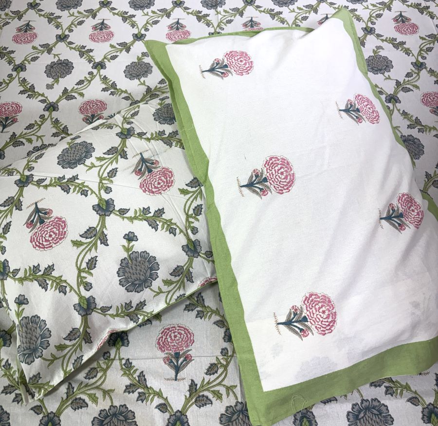 Jacobean floral Pink & Grey Hand Block Bedsheet with 2 Pillow Cover Set - 220TC