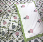 Jacobean floral Pink & Grey Hand Block Bedsheet with 2 Pillow Cover Set - 220TC