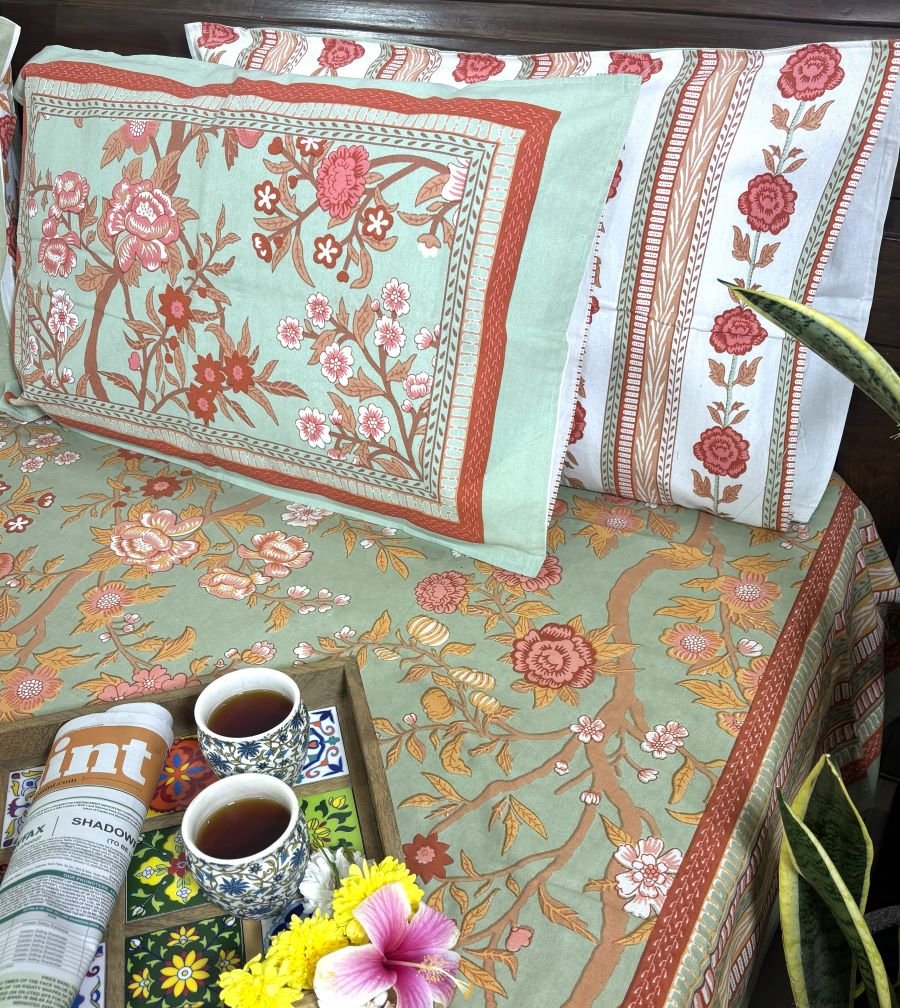 Morning at the Mughal Gardens Pestel Green Hand Block Bedsheet with 2 Pillow Cover Set - 220TC