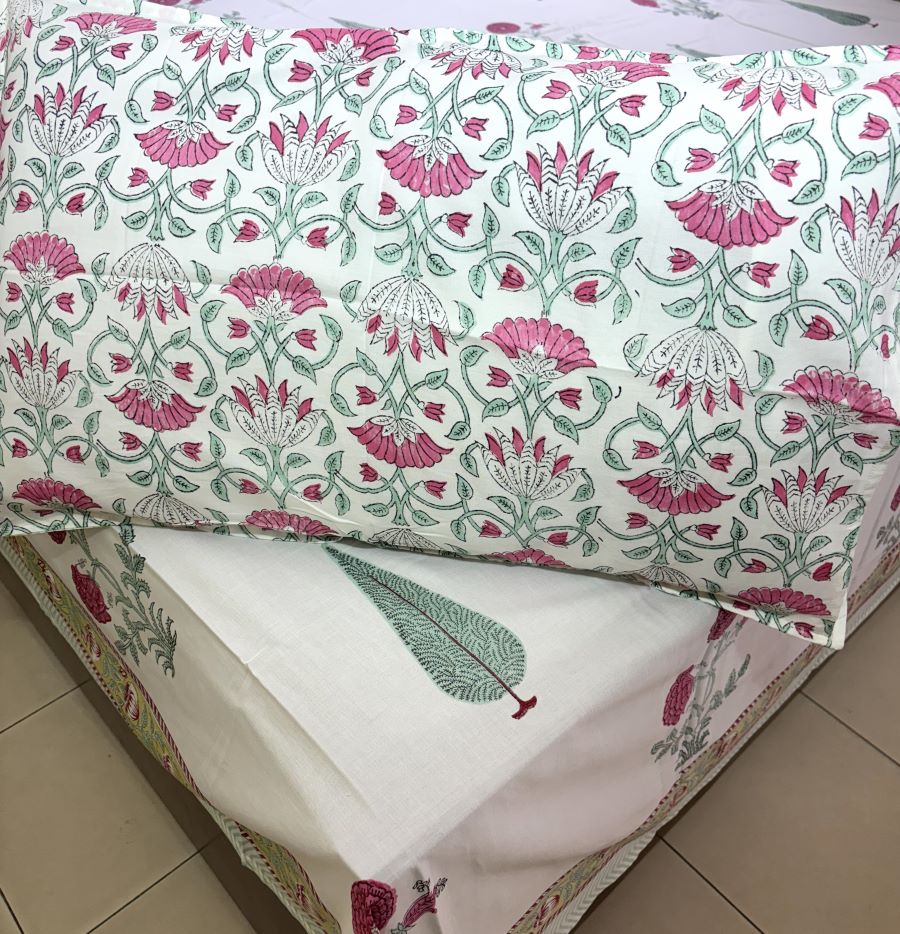 Green & Pink Botanical Floral Tree Patterns Hand Block Bedsheet with 2 Pillow Cover Set - 400TC