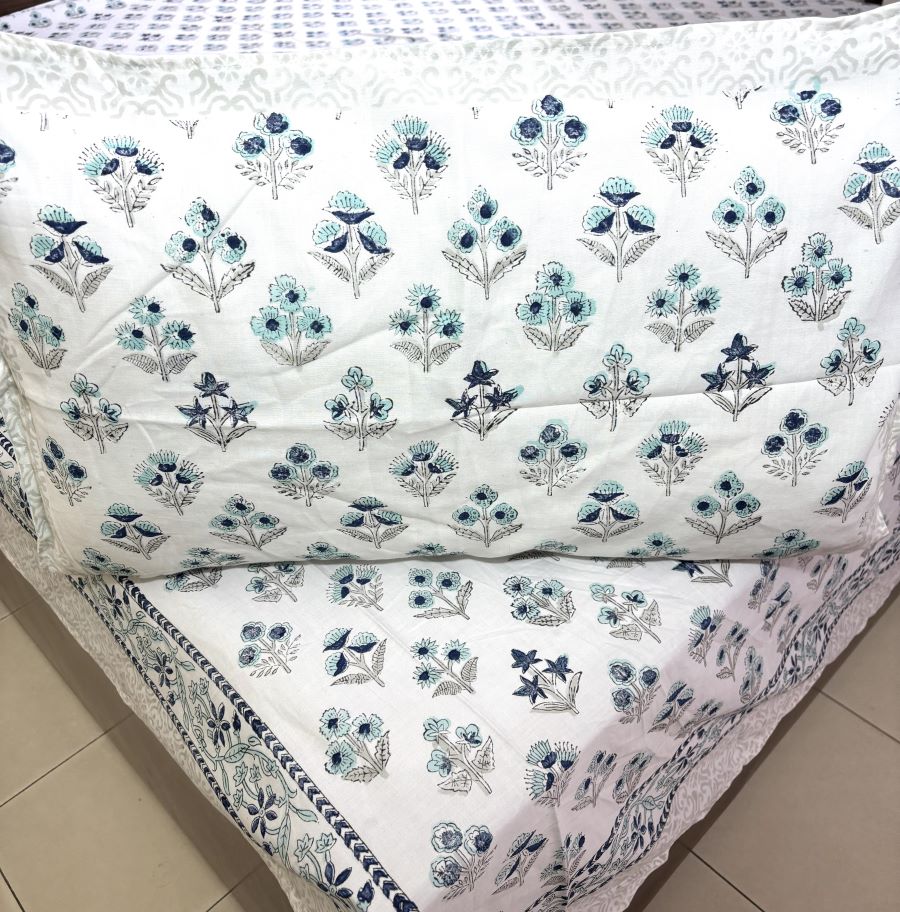 Blue & Grey Small Butta Patterns Hand Block Bedsheet with 2 Pillow Cover Set - 400TC