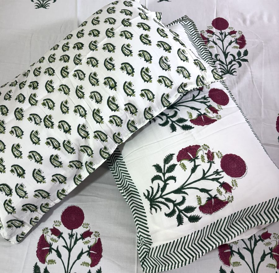 Red & Green Sunflower Patterns Hand Block Bedsheet with 2 Pillow Cover Set - 400TC