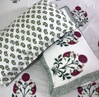 Red & Green Sunflower Patterns Hand Block Bedsheet with 2 Pillow Cover Set - 400TC