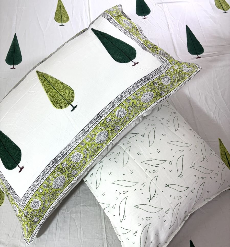 Gree Tree Motif  Hand Block Bedsheet with 2 Pillow Cover Set - 400TC